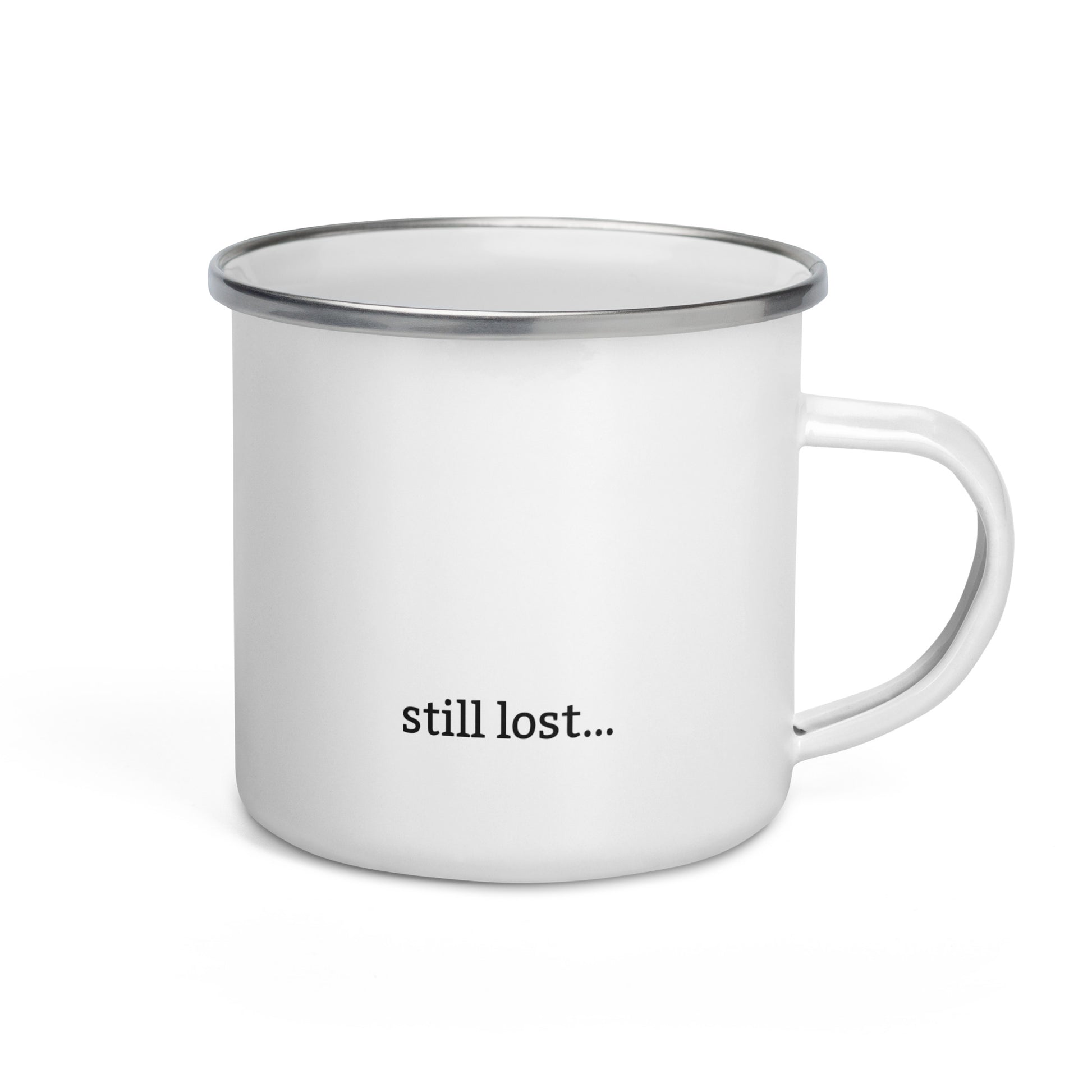 Minimalist hiking T-shirt with mountain outline and “Not Much Further – Still Lost” text on back