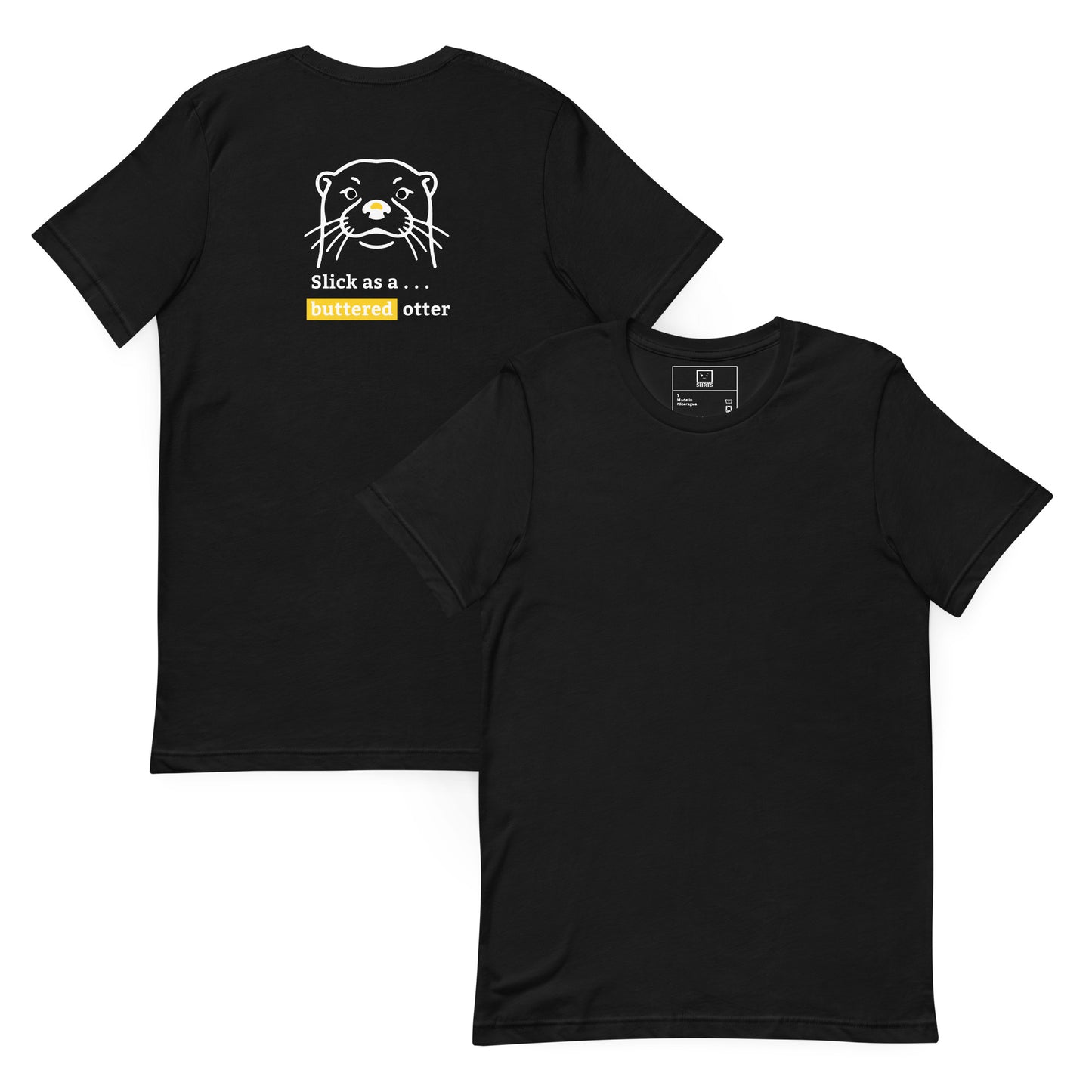 Minimalist T-shirt with otter outline and “Slick as a Buttered Otter” text printed on the back black