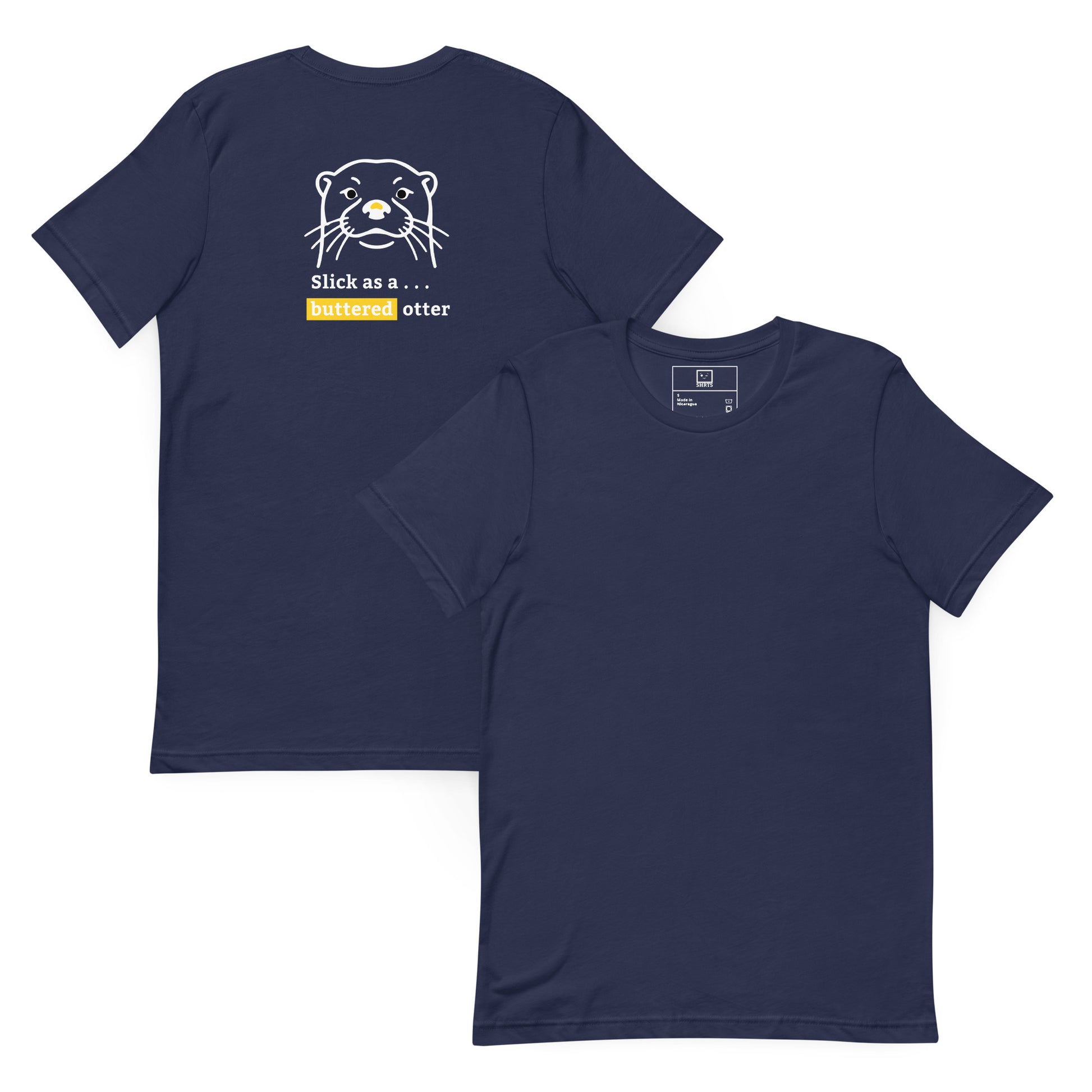 Minimalist T-shirt with otter outline and “Slick as a Buttered Otter” text printed on the back navy

