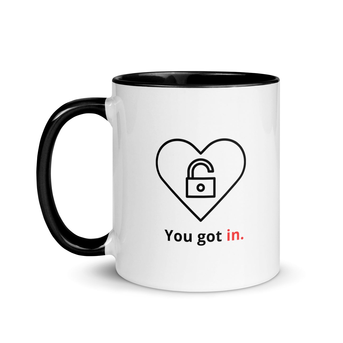snarky romantic mug with "you got in" text heart and unlocked padlock design , colour
