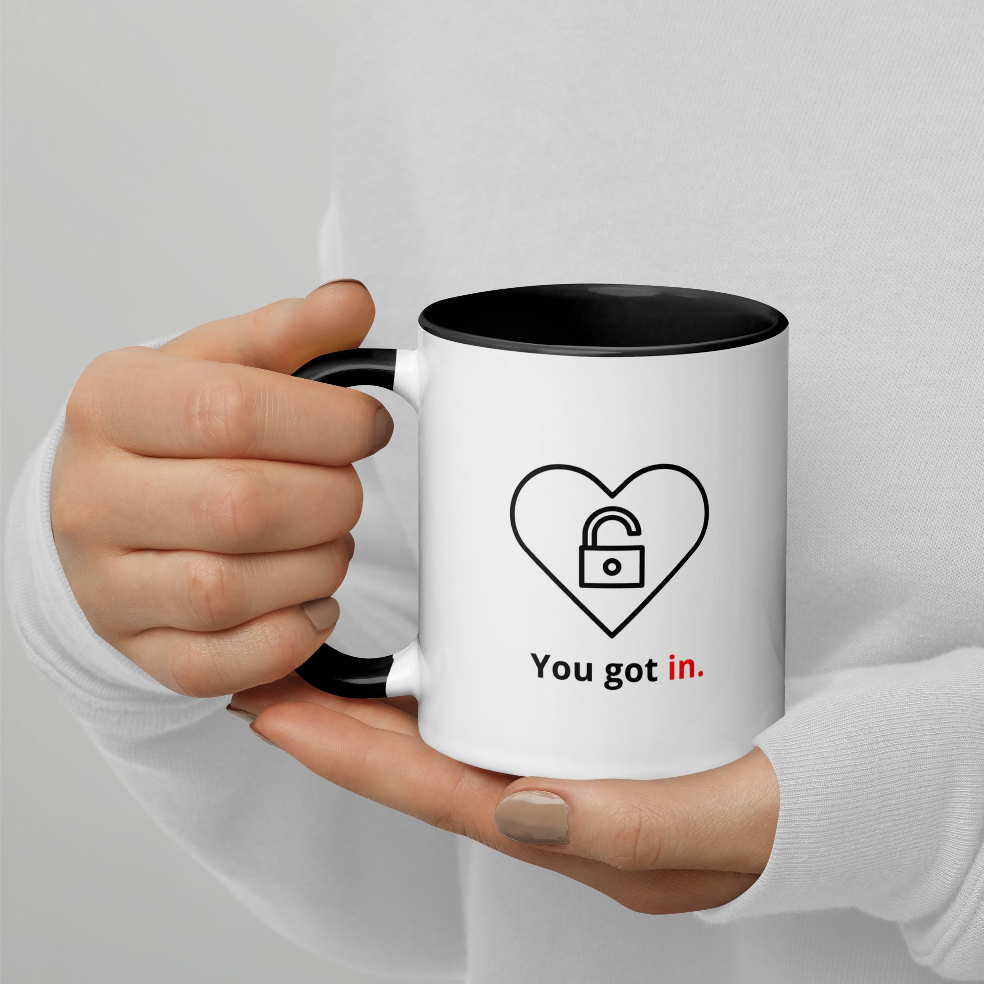 "You got in" snarky love mug with coloured handle and inside – funny romantic gift, 