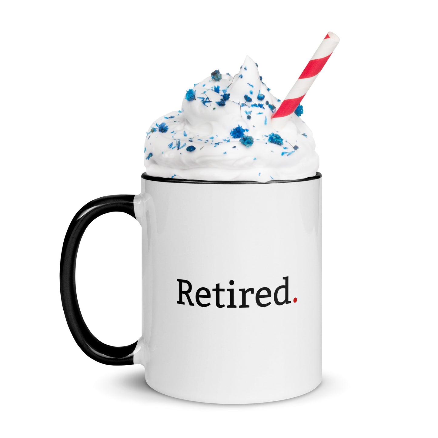 White minimalist retirement mug with black inside “Retired” on front and “Clocked Out. Logged Out. Checked Out.” on back