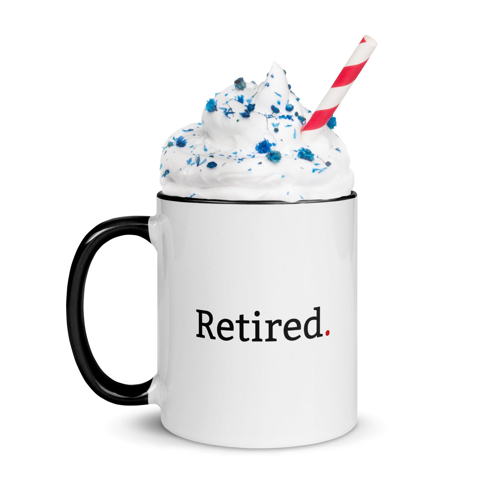 White minimalist retirement mug with black inside “Retired” on front and “Clocked Out. Logged Out. Checked Out.” on back