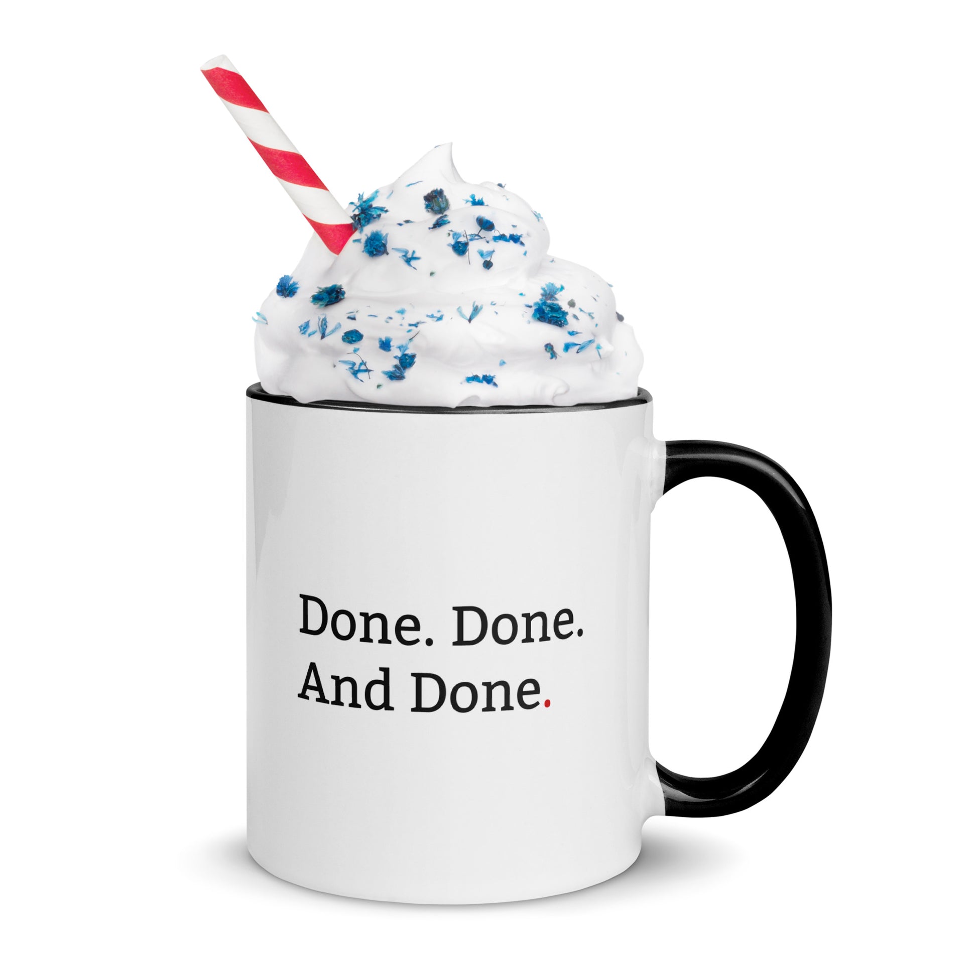 Black 11oz mug with “Retired.” printed on one side and “Done. Done. And done.” printed on the other in a clean minimalist font.