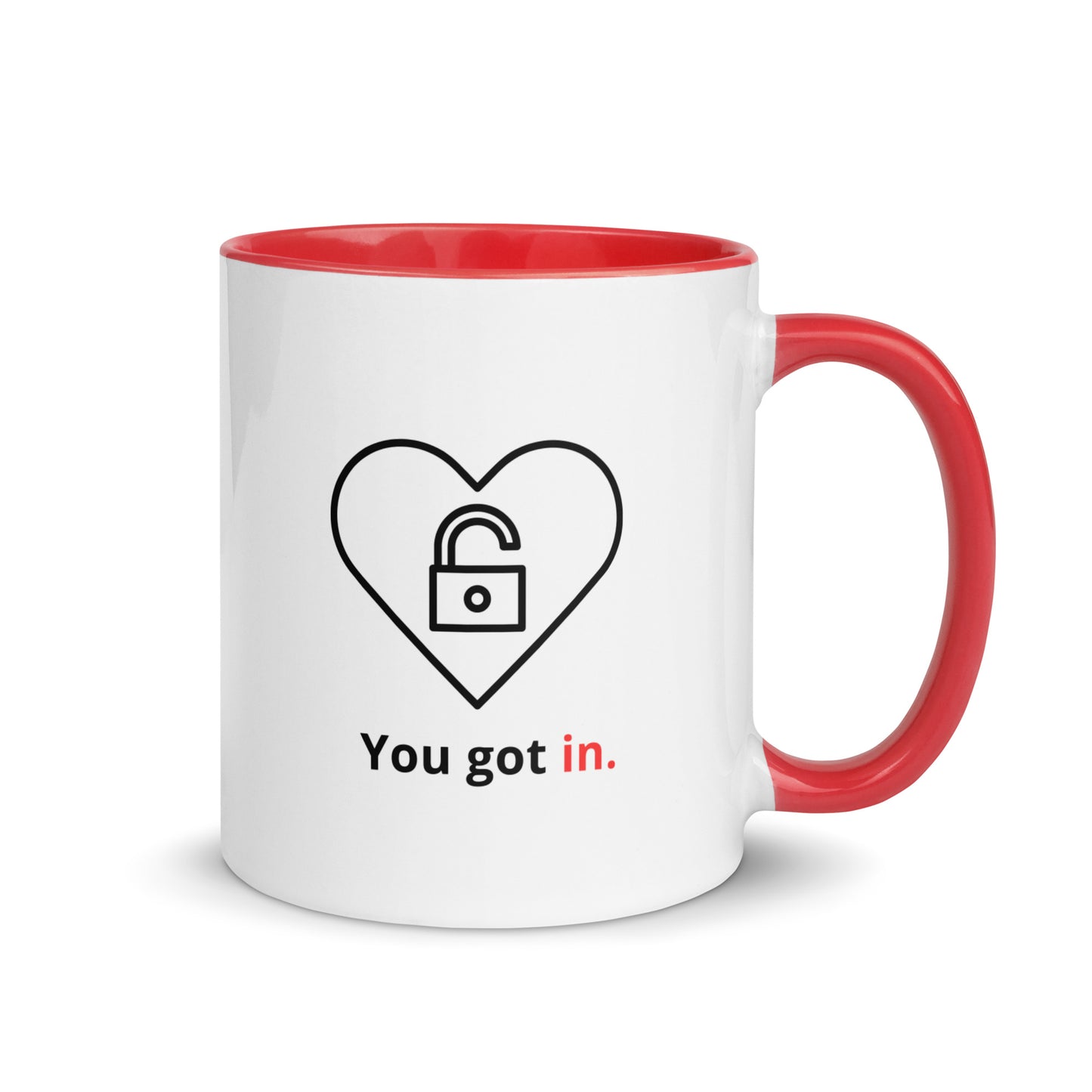 "You got in" snarky love mug with coloured handle and inside – funny romantic gift, gift box